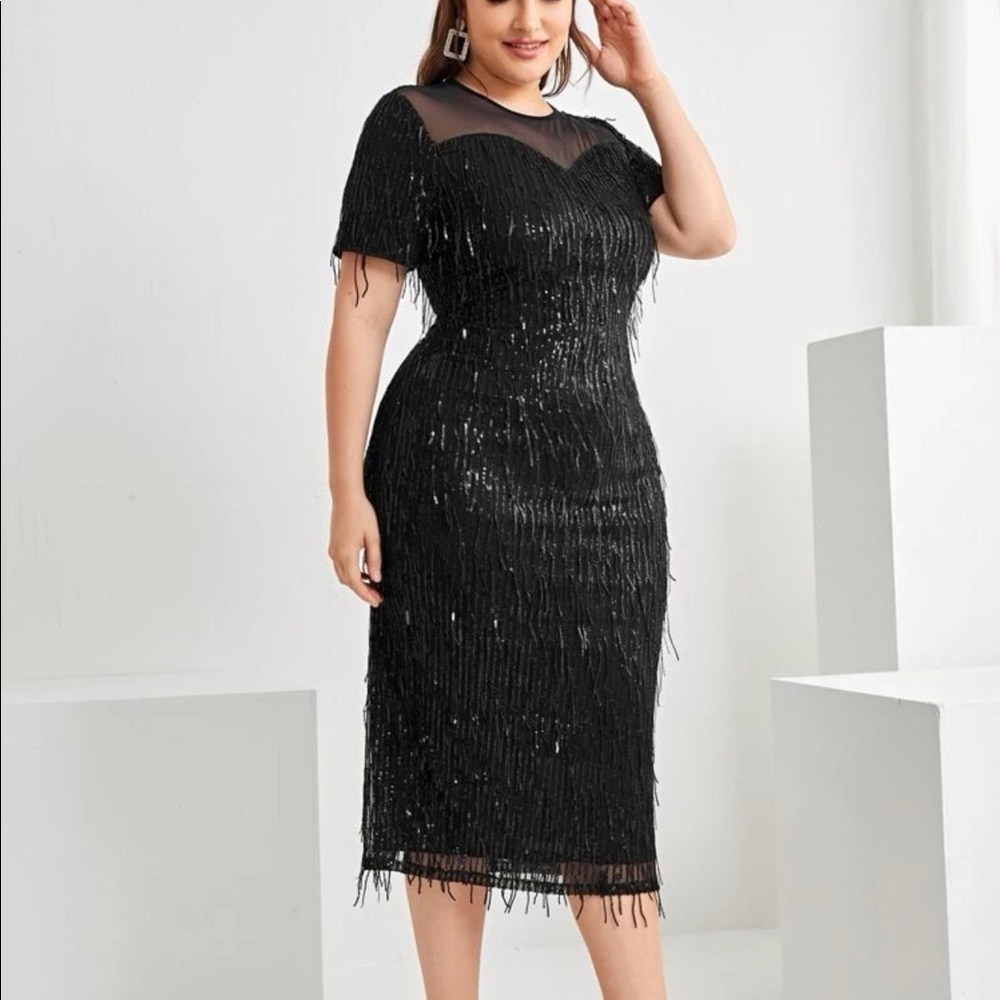 Black Mesh Sequin Fringe Evening/ Cocktail Dress